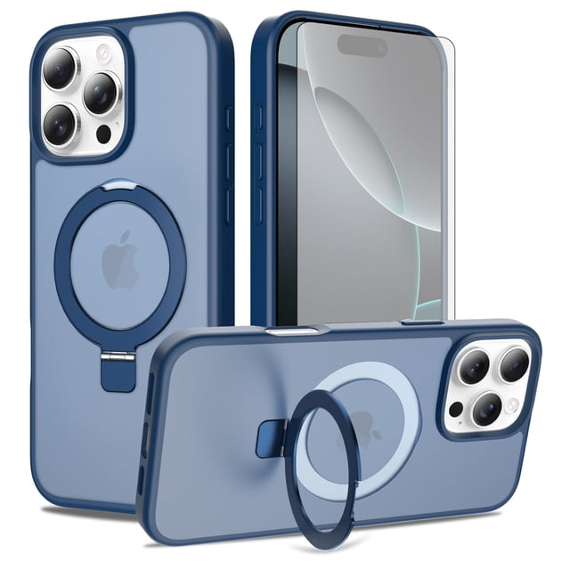 Asuwish Phone Case for iPhone 16 Pro Max 6.9 inch Tempered Glass Screen Protector Magnetic Folding Stand Frosted Translucent Rugged Shockproof Protective Cell Cover i Phone 16ProMax Women Men Blue