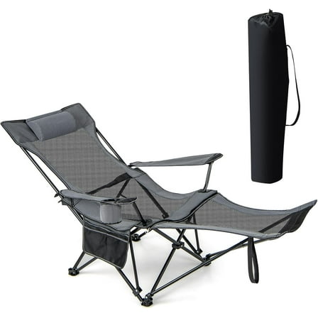 NALYL Camping Chair, Adjustable Reclining Lounge Chair w/Removable Footrest, Padded Pillow, Cup Holder & Side Pocket, Folding Camping Mesh Chair w/Carry Bag for Outdoor Patio Lakeside (1, Grey)