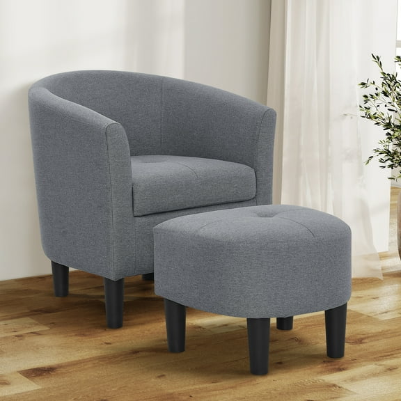 Aukfa Barrel Accent Chair with Ottoman & Arms, Modern Upholstered Chair for Bedroom/ Living Room, Gray