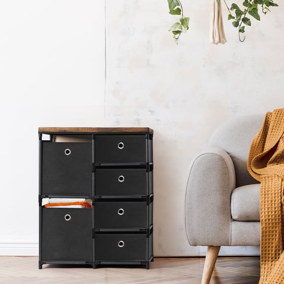 6 Drawer Fabric Storage Cabinet – Black Fabric Drawers with Burnt Wood Tone Top, Metal Frame Chest for Bedroom Living Room Closet