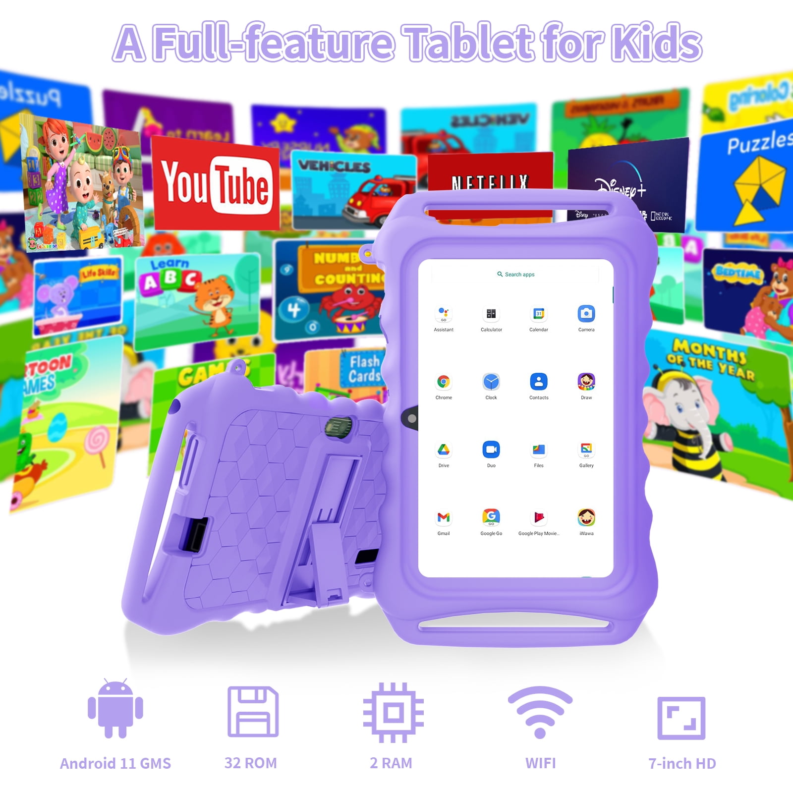 Android 11 Kids Tablet 7-inch 32GB Google Play KidTablet iWawa APP Pre-loaded with kidproof box Learning Education Netflix Youtube