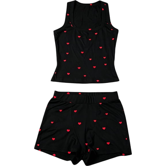 Sewkxo Womens Heart Pajama Sets Casual Sleeveless Tank Top and Shorts Ribbed Knit 2 Piece Lounge Set, Comfy Home Wear,Black 2XL