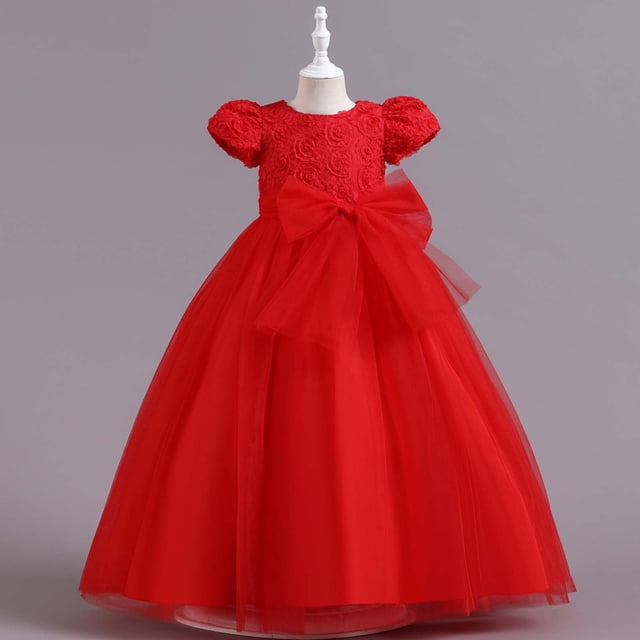 DPTALR Robe pour Enfants Filles Sans Manches Robe de Princesse Nœud Papillon Dentelle Fleurs Robe en Maille Robe Tuftée