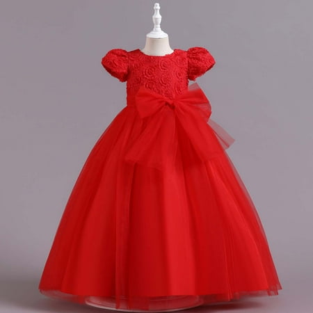 

Rewenti Kids Dress Girls Sleeveless Princess Dress Bow Tie Lace Flowers Mesh Dress Tufted Dress Red 4-5 Years