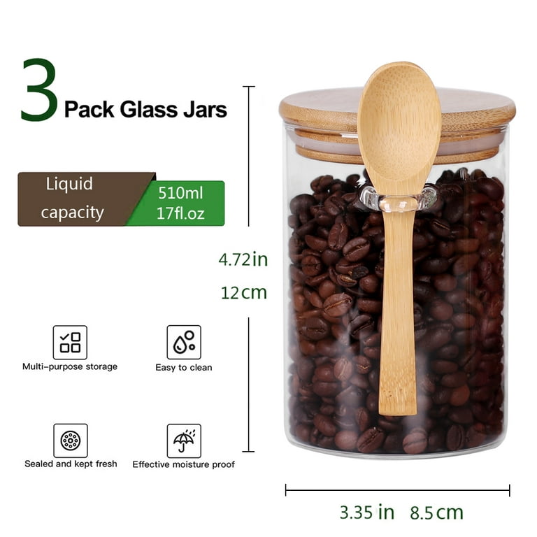 LEAVES AND TREES Y Glass Jars with Bamboo Lids and Spoon, 17 OZ Set of 3  Small Glass Sugar Container with Wooden Lids and Scoop, Coffee Tea Jars for
