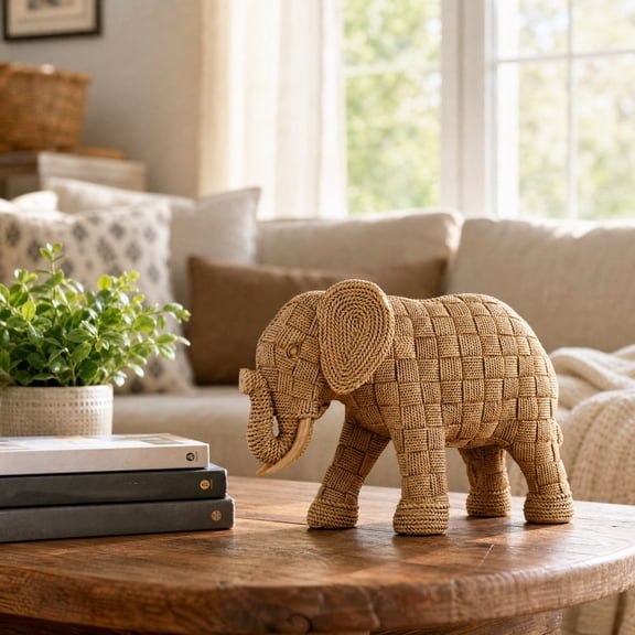 Orangide Elephant Figurine Statue Resin Imitation Rattan Woven Style Tabletop Ornament Animal Sculpture Decor for Living Room Home Office