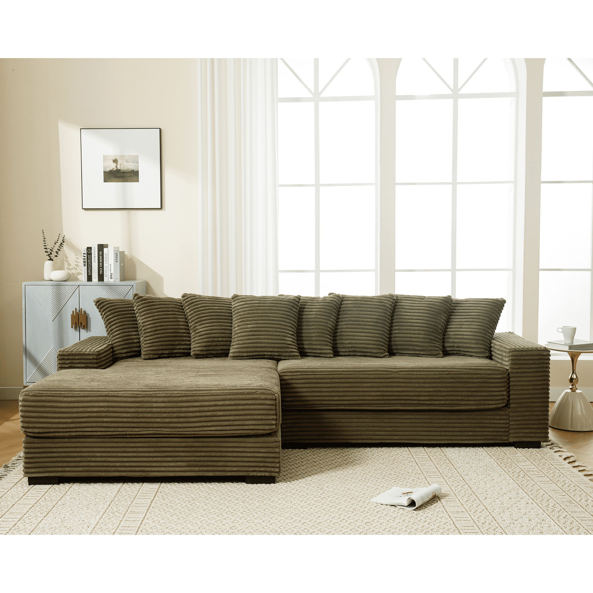 AISWORD 111" Oversized 3-Seat L-Shaped Sectional Sofa with Right Chaise, Luxury Corduroy Fabric Modular Couch with 8 Throw Pillows, Easy Assembly for Living Room