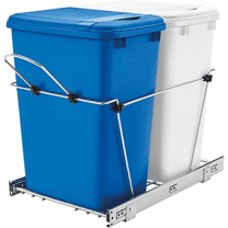 Double Pullout Trash Can for Kitchen Cabinets 35 Qt Garbage Recycling Bin on Full Extension Slide, Blue/White