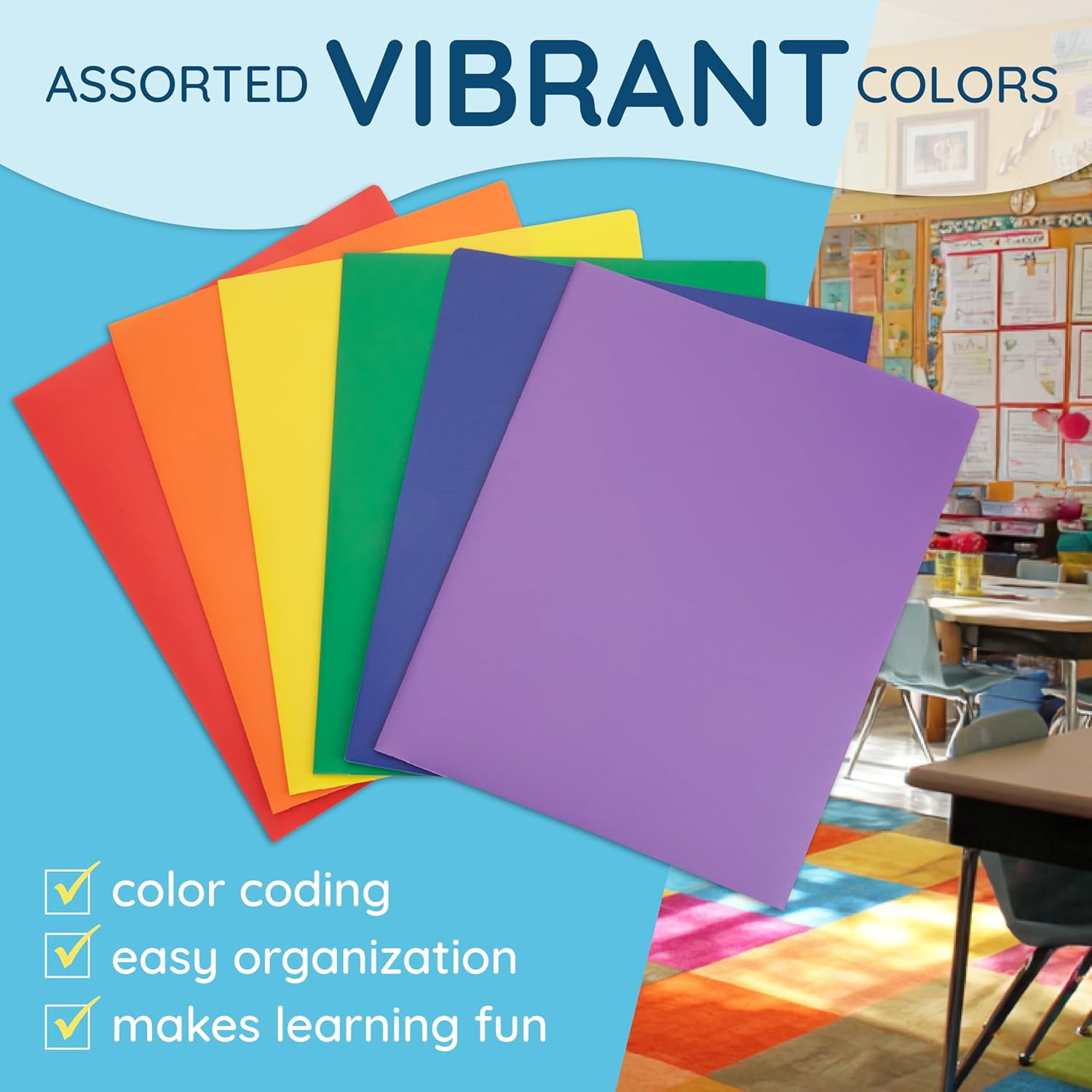 30 Pack Two Pocket Plastic Folders Bulk, 2 Pocket Plastic Folders, Assorted Colors, Durable, Letter Size with Business Card Slot