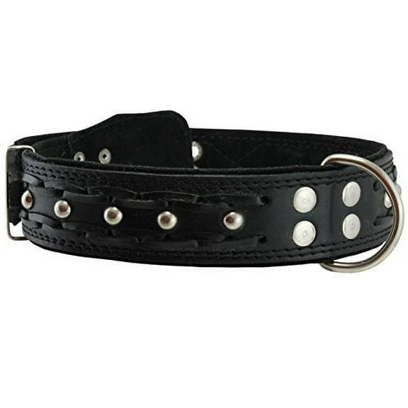 Genuine Leather Braided Studded Dog Collar, Black 1.75' Wide. Fits 22'-27' Neck, Xlarge.