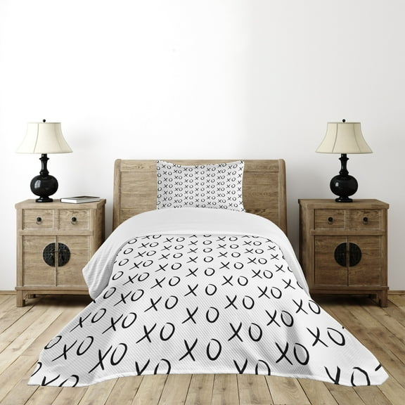 Ambesonne Xo Quilted Bedspread Set 2 Pcs, Affection Expression Kisses, Twin Size, Black and White