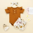 thumbnail image 2 of Baby Girl Outfit Sets Solid Ribbed Romper Floral Bow Shorts Headbands Summer Girls' Clothing Sets Cute Shorts Set Coffee 0-6 Months, 2 of 5