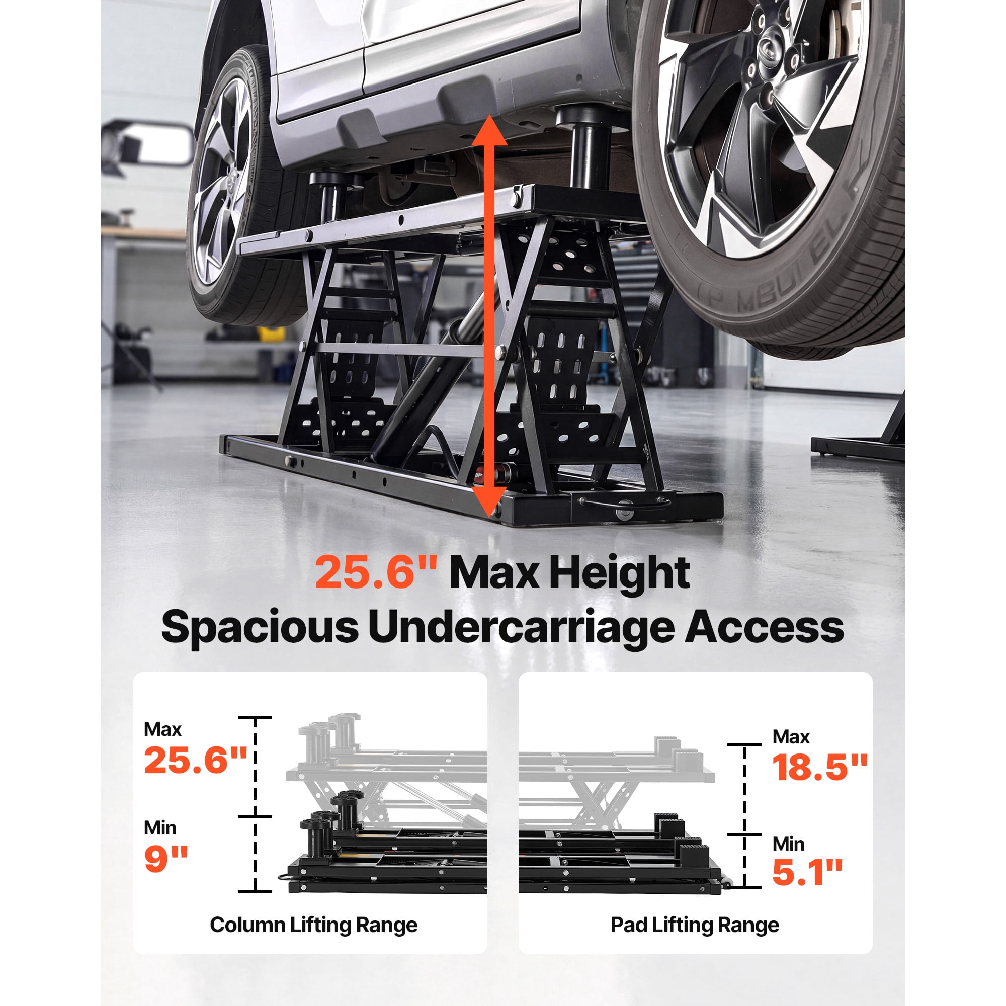 KFFKFF Portable Car Lift, 5000 lbs Capacity, Durable Quick Lift with 25.6" Max Height, Pneumatic Pump, Wheels, 4 Rubber Pads & 4 Lifting Columns