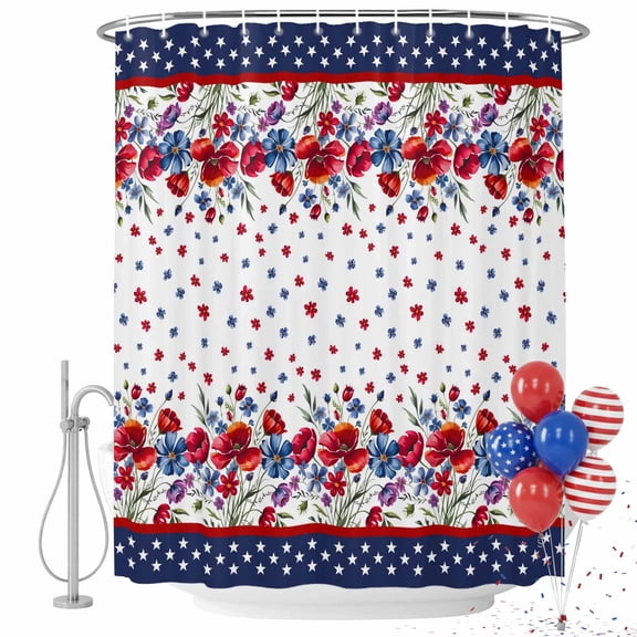 4th of July Shower Curtain Patriotic Star Poppy Bathroom Curtains with Hooks, Waterproof Red White and Blue Flower Branch Bath Shower Curtains Set for Bathroom Bathtubs Independence Day 36x72 Inch