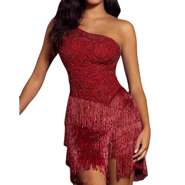 Vestido Vestido de cóctel para mujer sin espalda borlas dobladillo sin mangas bordado traje de vacaciones Ygjytge Vino rojo T L para Mujer