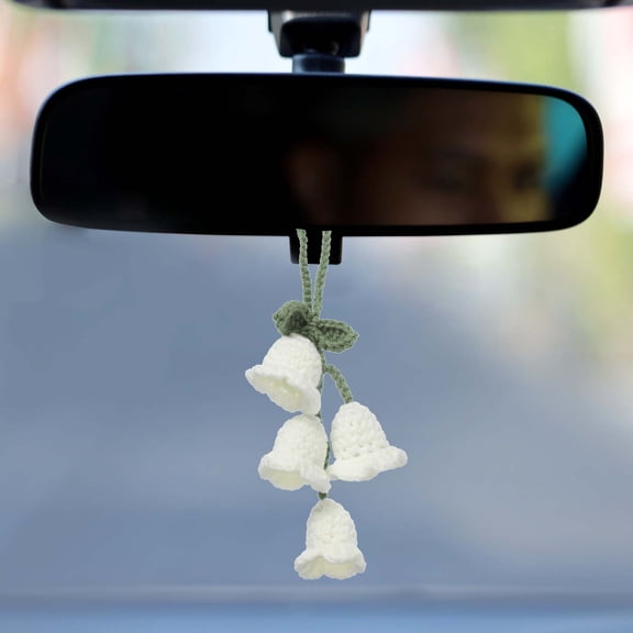 Crochet Car Hanging Accessory, Handmade Ornament with 4 Cute Little Tulip Flowers for Car Decor Bag Keychain, White
