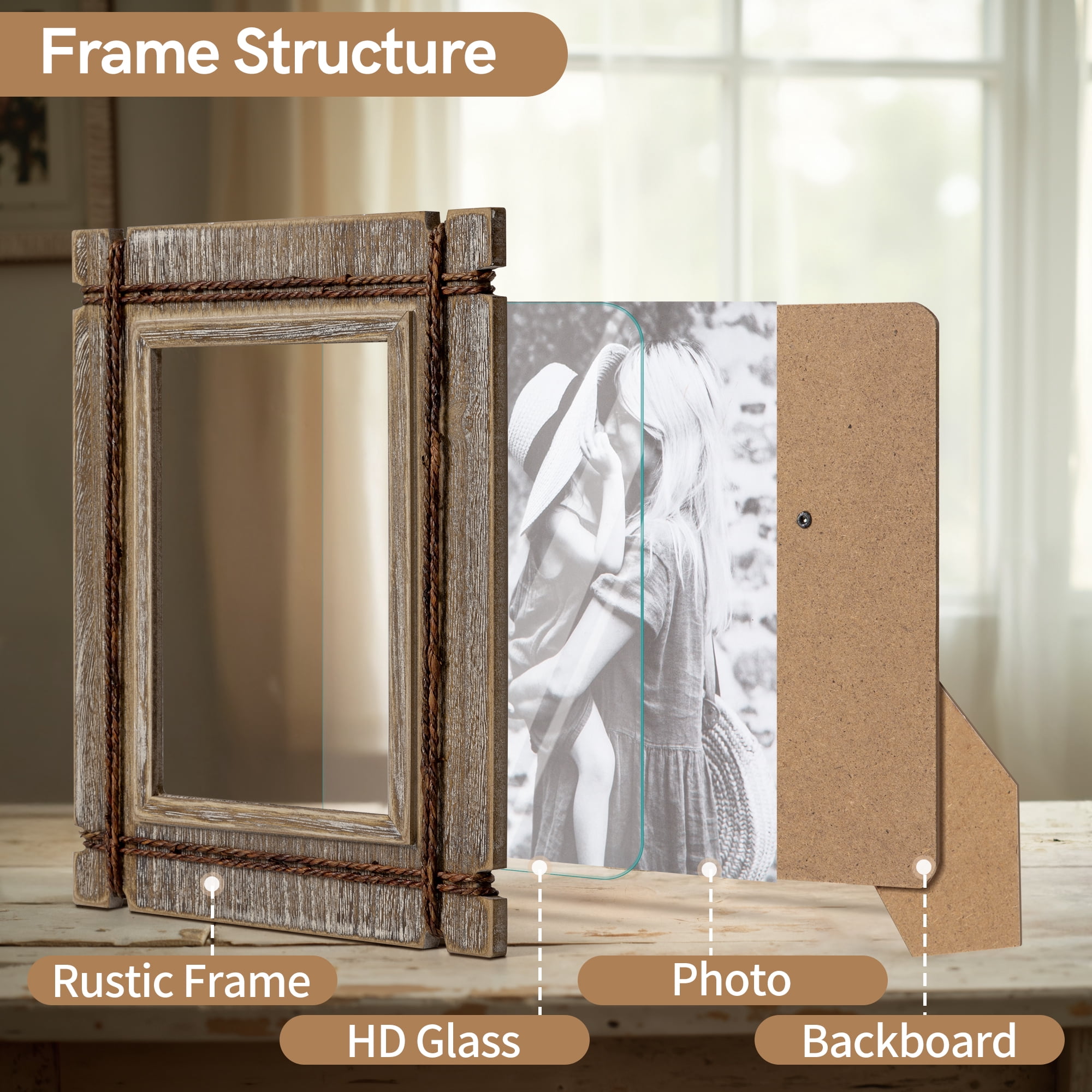 Afuly Rustic Picture Frames 5x7 Wooden Picture Frame Set of 2, Barnwood Distressed Western Vintage Photo Frames with Real Glass, Wall & Tabletop Display, Housewarming Wedding Gifts