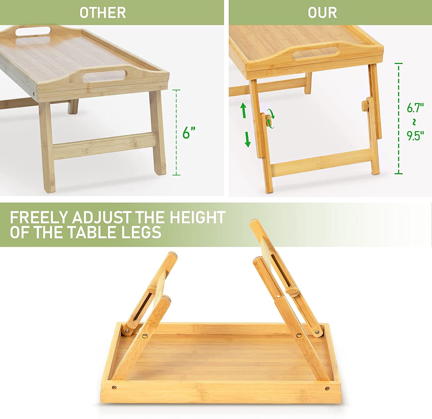 2-Pack Adjustable Height Bamboo Bed Trays - Foldable Lap Desks For Eating In Bed Or Sofa