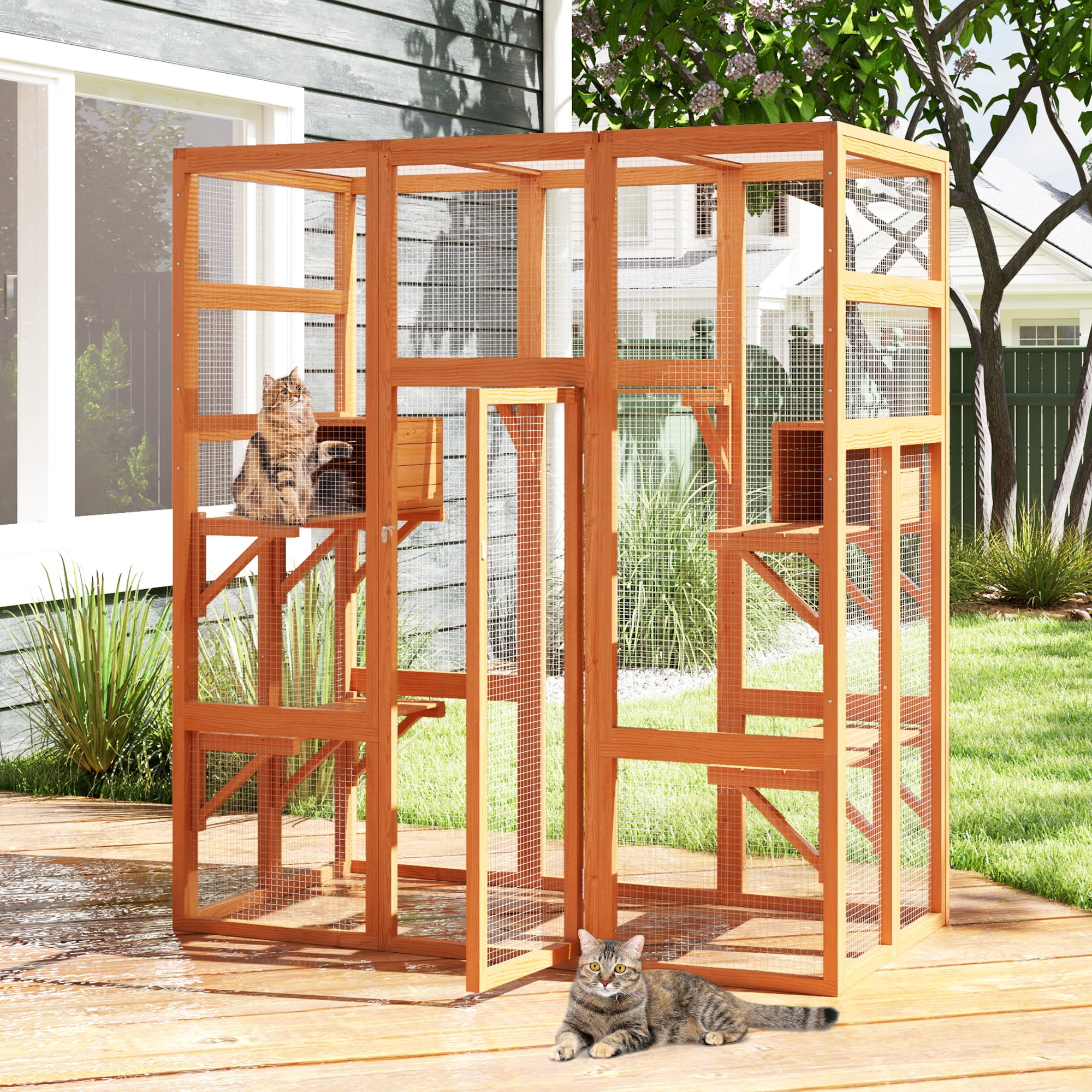 Large Catio Wooden Cat Enclosure Catio Cat Cage Outdoor Pet House Small Animal Hutch, Orange