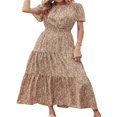 thumbnail image 1 of Femmes Bouton vers le Bas Midi Robe Manches Courtes Robe de Soleil Imprimé Floral Cravate Bohème une Pièce Vin Rouge M, 1 of 6