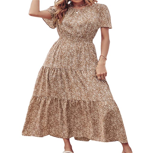 Femmes Bouton vers le Bas Midi Robe Manches Courtes Robe de Soleil Imprimé Floral Cravate Bohème une Pièce Vin Rouge M