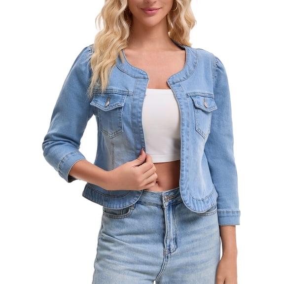 DARING DIVA Women's Collarless Cardigan 3/4 Sleeve Jean Jacket S Light Blue