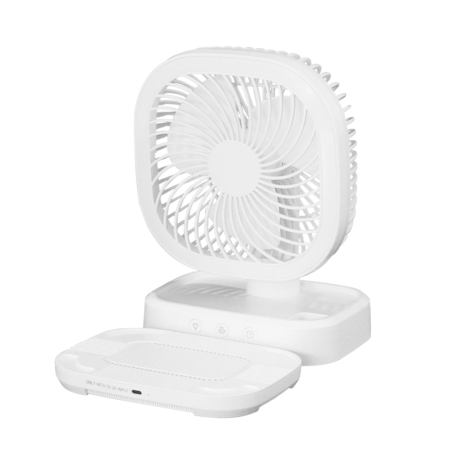 Mainstays New Rechargeable Personal USB Fan with Wireless Charging Pad and Led Lighting White