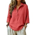 thumbnail image 4 of LEKODE Linen Tops for Women Gauze Tunic Summer Tees Gauze Shirts Vacation Dress Loose Clothes Casual Roll Up Sleeve Shirt Tunic Tops 3/4 Sleeve Casual Tunic Blouses Button Blouses V Neck Red M, 4 of 8