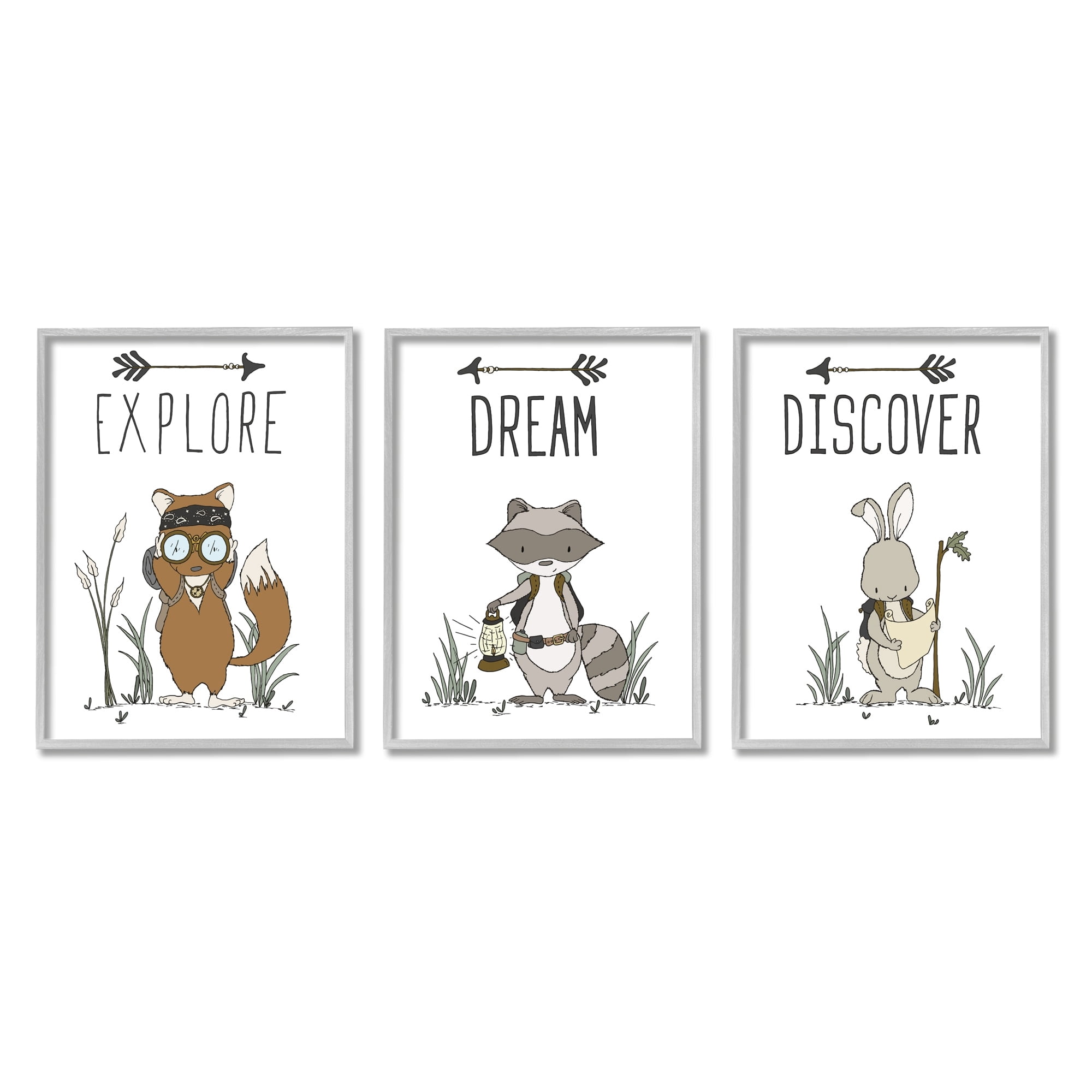 Stupell Industries Explore Dream Discover Arrows Motivational Kids Animals Graphic Art Gray Framed Art Print Wall Art, Set of 3, Design by Sweet Melody Designs