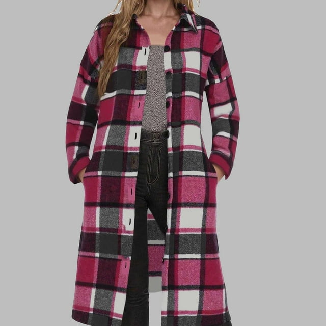 Women's Long Plaid Flannel Shirts Shacket Plus Size Long Sleeve Oversized Button Shirt Fall Spring Trench Coat with Pockets XL
