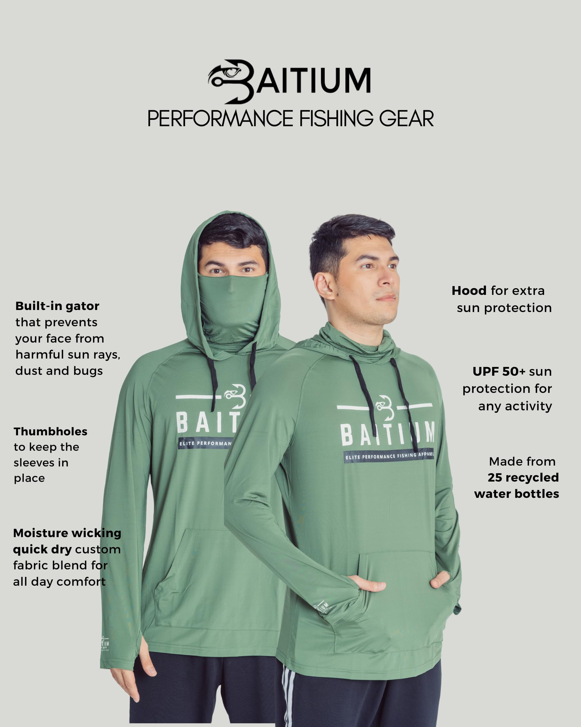 Baitium Fishing Shirt For Men Outdoor Hooded Long Sleeve Sun Shirt Hiking  Running UPF 50+ 