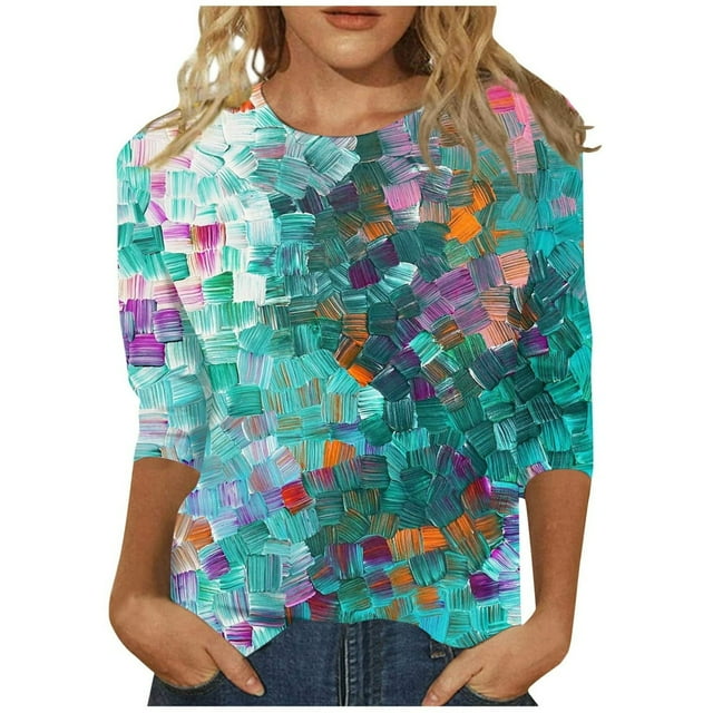 CHUANK T-Shirts pour Femmes à Manches Trois-Quarts, Coupe Ajustée à Motif Floral, T-Shirts Blancs, Chemises pour Femmes, Manches 3/4 au Coude, Col Rond, Chemises Décontractées pour Femmes, Liquidation, Blouses et Hauts Boho, Vert TG