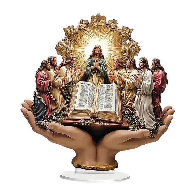 Letrero acrílico con escena de Jesús y la Biblia, adorno de mesa, accesorios versátiles, religioso tradicional, 7,8x8,2 pulgadas, resistente al agua