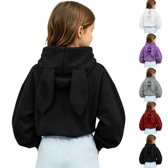 Girls Rabbit Ears Zip‑Up Hoodie, Kids Solid Color Full Zip Long Sleeve Sweatshirt Outerwear, Cute Casual Hooded Jacket for Autumn Winter School Daily Wear(Black,9-10 Years)