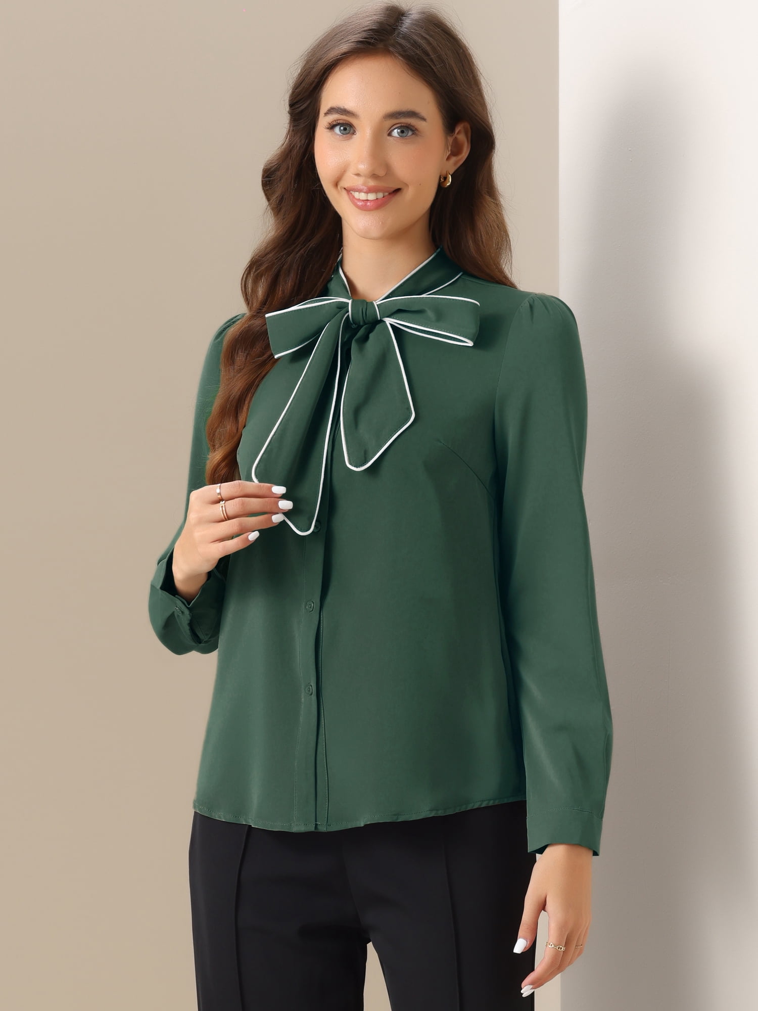 DARING DIVA Women's Contrast Color Button Down Long Sleeve Tie Neck Shirt S Dark Green