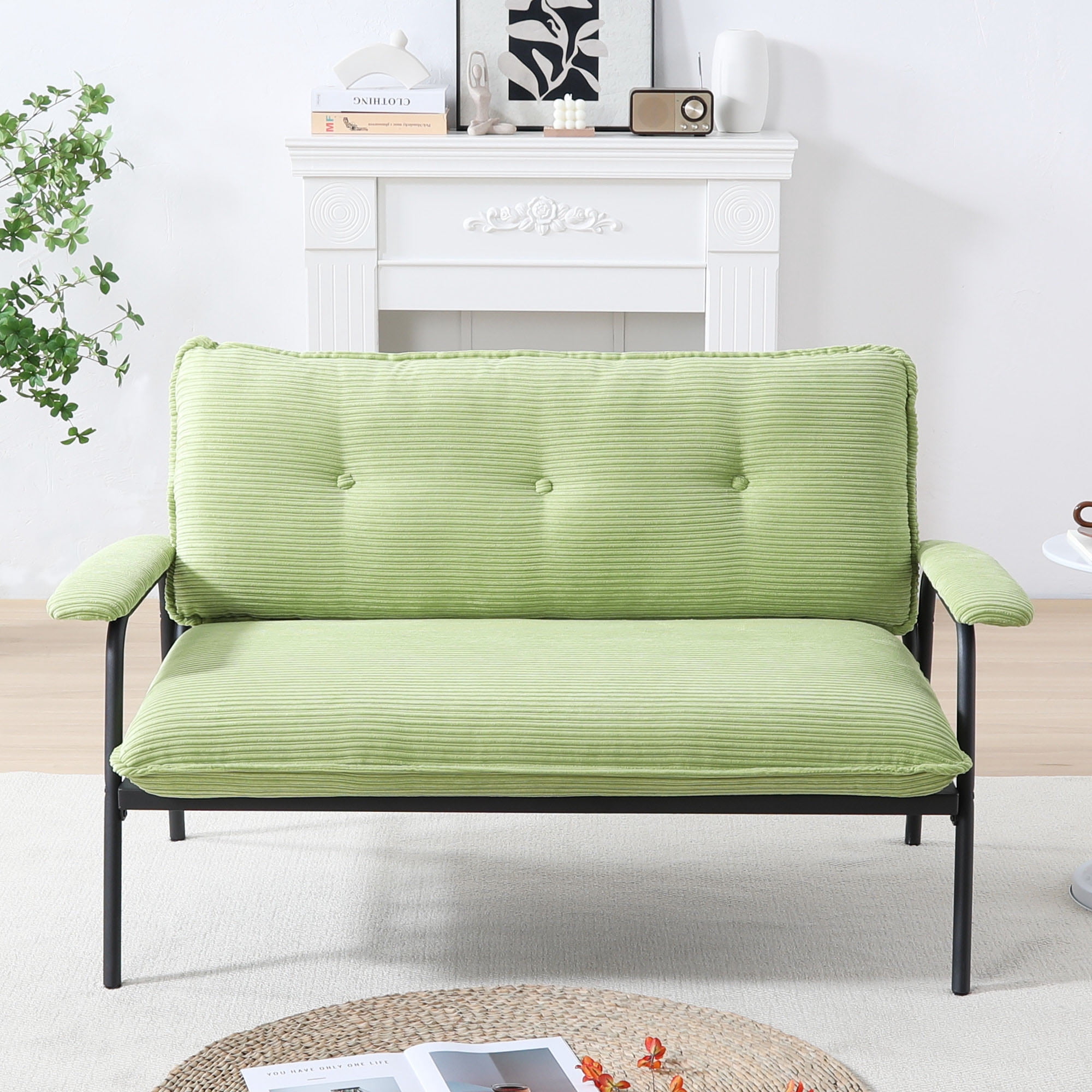 Euroco Striped Upholstered Loveseat with Button-Tufted Backrest and Metal Frame – Compact Modern Sofa for Living Room or Apartment