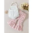 thumbnail image 3 of Cenuakty Infant Baby Summer Clothes Suit, Solid Color Ribbed Halter Neck Romper + Elastic Waist Flower Flare Pants, 3 of 9