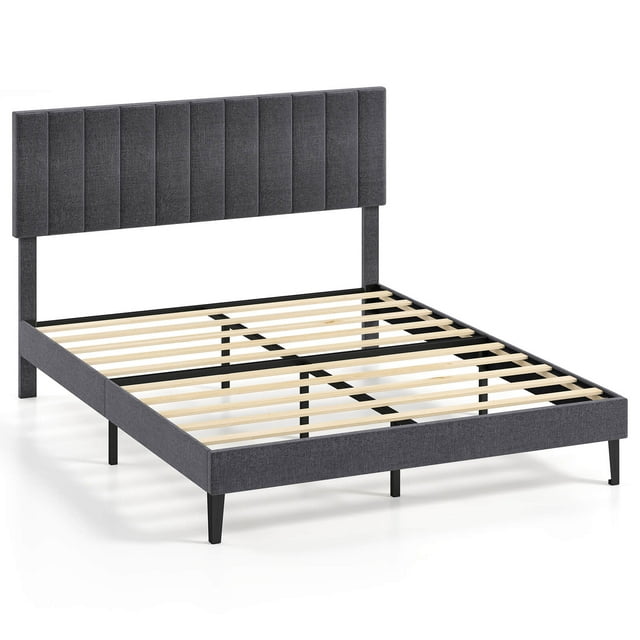 Costway Queen Size Bed Frame with Height Adjustable Vertical Channel Headboard, Noise Free Gray