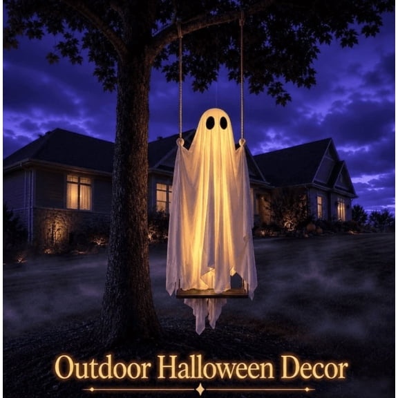 Hanging Swinging Ghost Halloween Decor - Outdoor Halloween Decorations with Ghost on A Swing for Outside Garden Yard Porch Tree, Spooky Cute Ghosts with String Lights for Indoor Party