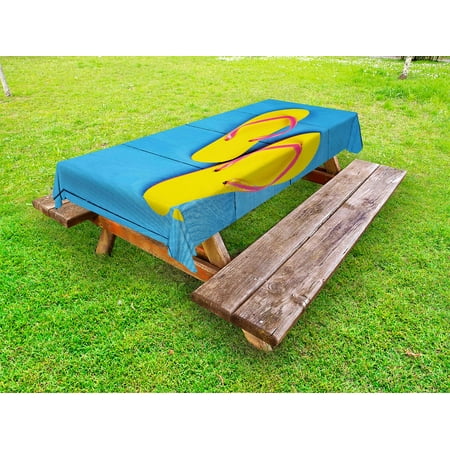 

Yellow and Blue Outdoor Tablecloth Flip Flops on Wooden Pier Cheerful Holiday Travel Relax Image Decorative Washable Fabric Picnic Tablecloth 58 X 120 Inches Sky Blue Yellow Pink by Ambesonne