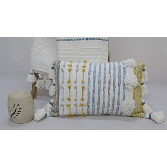 Designer Striped Pillow with Large Poms and Tassels 14"x20"