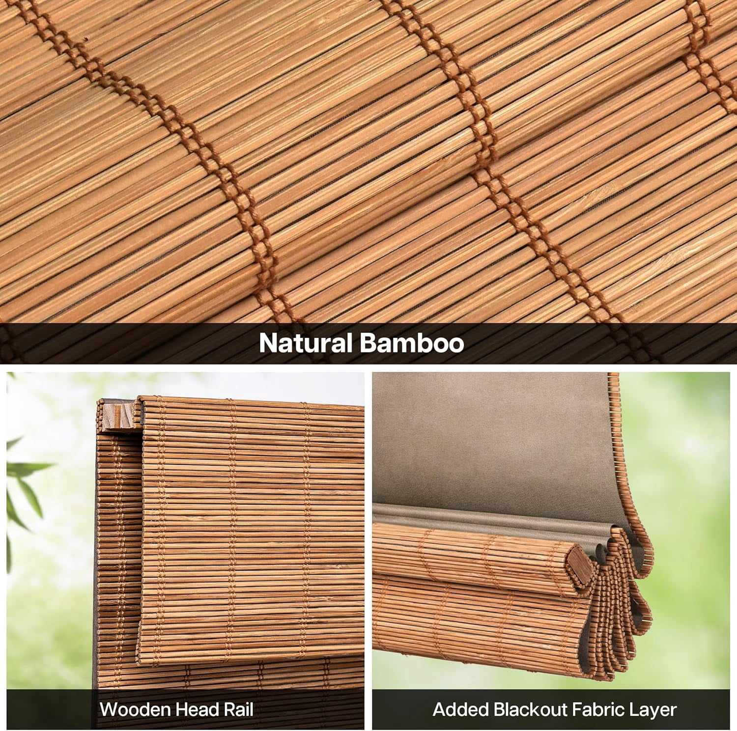 LazBlinds Cordless Blackout Bamboo Roman Shades, Room Darkening Blinds for Interior Windows, Thermal Insulated Roll Up Bamboo Blinds for Home & Patio, 20" W x 64" H, Papara Carbon