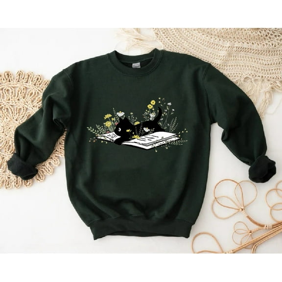 Bookish Sweatshirt, Book Lover Sweatshirt, Gift for Cat Lover, Cute Cat Book Sweatshirt, Librarian Gifts For Women, Floral Cat Sweatshirt
