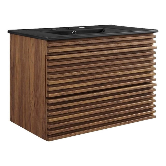 Modway Render Modern Wood Wall-Mount Bathroom Vanity in Walnut/Black