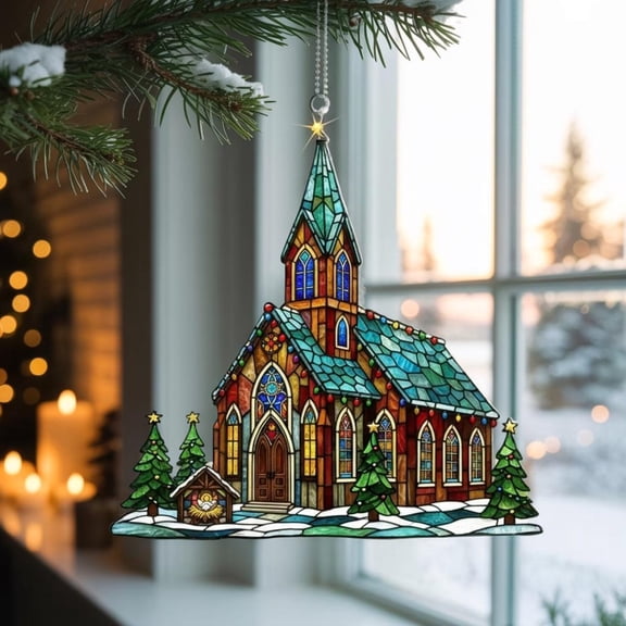 Church Acrylic Suncatcher, Stained Glass Christmas Window Decor, Christian Holiday Ornament, Nativity Scene Church Ornament, Faith Home Gift
