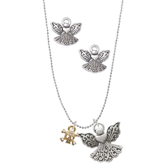 Delight Jewelry Goldtone Mini Skull & Bones with Crystals Silver tone Guardian Angel Charm Necklace and Stud Earrings