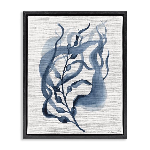 Stupell Industries Contemporary Fluid Blue Herb Leaf Black Floating Frame Canvas Art, 17 x 21, by Carol Robinson