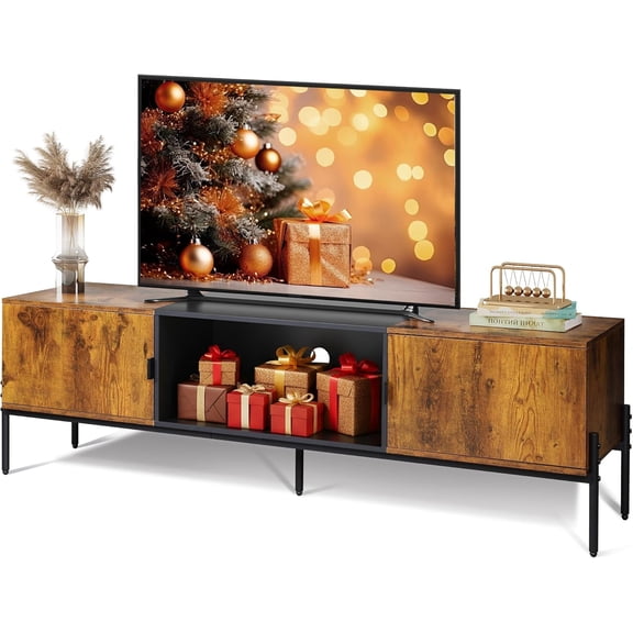 CZMDZH TV Stand for 65 Inch TV, Mid Century Modern Entainment Center with 2 Storage Cabinets & Open Shelf, TV Console Table Media with Metal Legs for Living Room, Bedroom, Rustic Brown