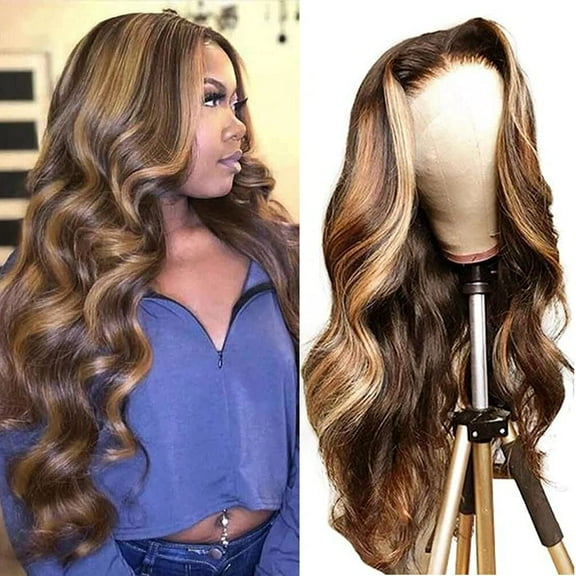 Highlight Lace Front Wigs Human Hair for Black Women Glueless Body Wave Wigs 150% Density Brazilian Virgin Human Hair Lace Closure Wigs Pre Plucked with Baby Hair Blond Mixed Color (14inch)