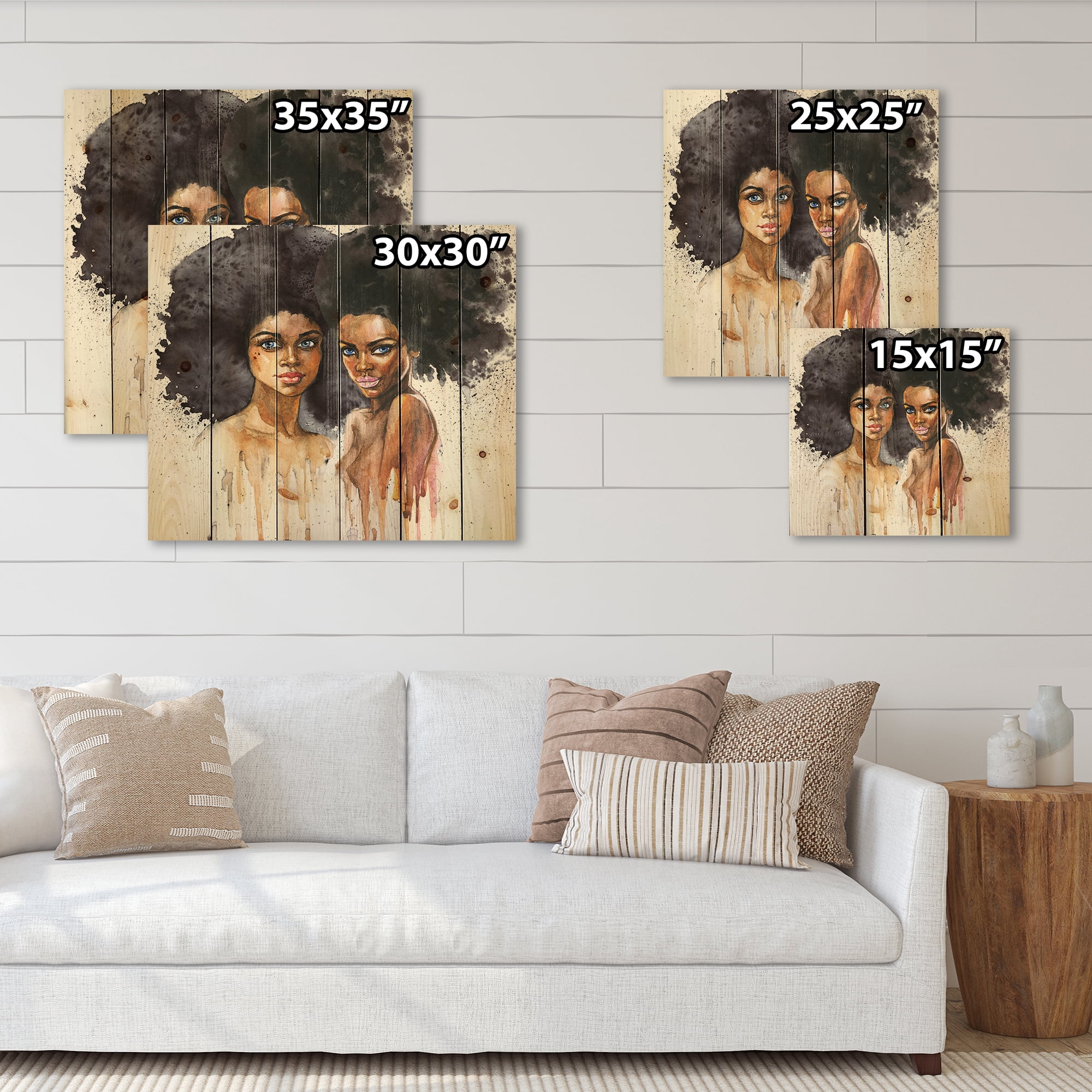Designart 'Portrait of Two African American Women' Modern Print on Natural Pine Wood